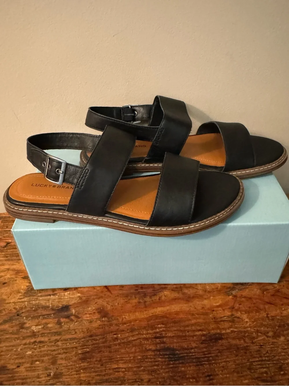 Lucky Brand Black Double-Strap Leather Slingback Sandals, size 9
